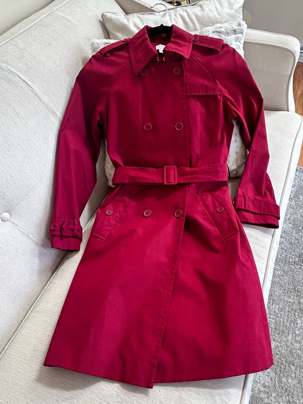 LOFT Crimson Red Double-Breasted Trench Coat with Belt